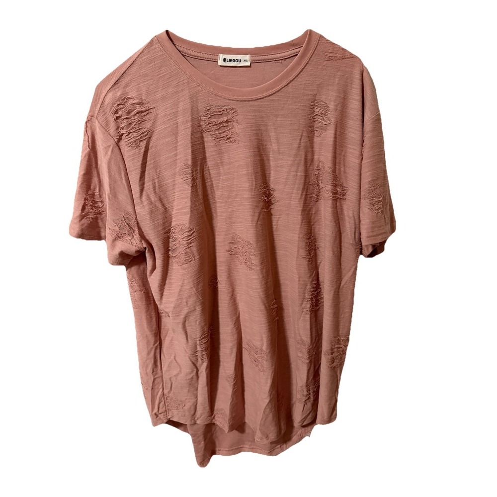 KLIEGOU men's distressed pink t-shirt with ripped details Size 2x
